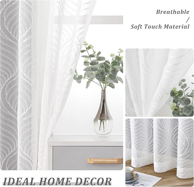 VISIONTEX White Sheer Curtains 63 Inch Length 2 Panels Set Moroccan Embroidery Texture Geometric Rod Pocket Ivory White Voile Tulle Semi Window Treatment Pair for Bedroom Living Room 54 x 63 Inches