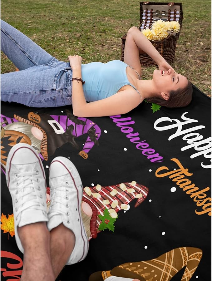 Thuswarm Happy Halloween Thanksgiving Christmas Flannel Throw Blanket Soft Warm Gnomes Print Blankets for Bed Couch Sofa Room Decoration Gifts 60”×50” Medium for Teen