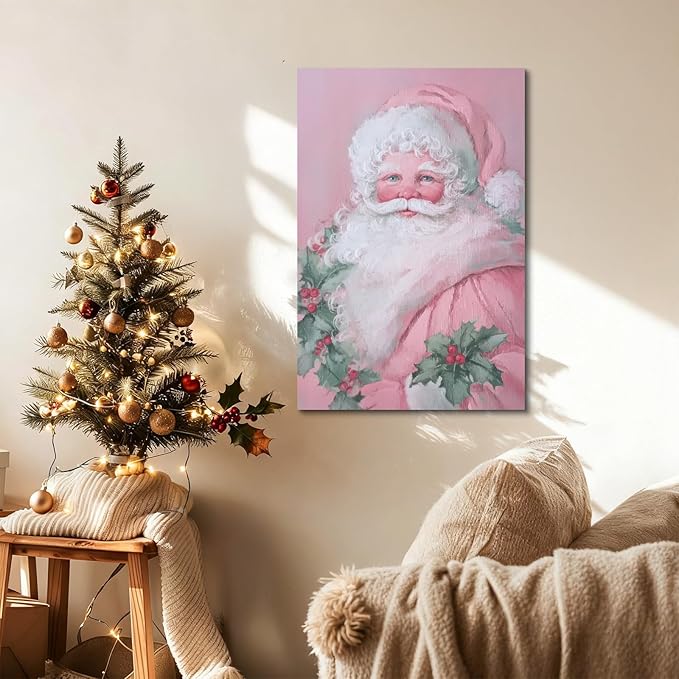 YONICA Christmas Canvas Wall Art Pink Santa 24x36 Inch Soft Pastel Holiday Art for Nursery - Large Framed Gallery Wrapped Kids Room Decor