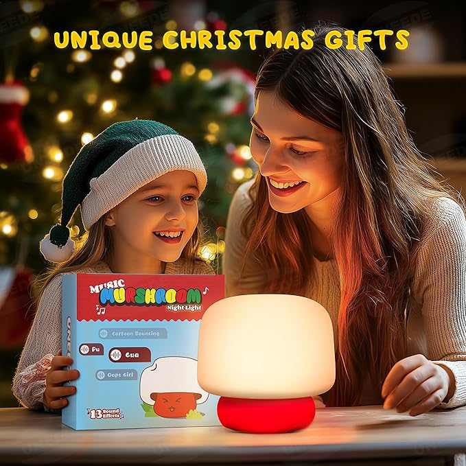 UNEEDE Mushroom Lamp for Kids, 13 Sound Effects Toddler Night Light, Squishy Nursery Mushroom Decor with Timer, Christmas Birthday Gift