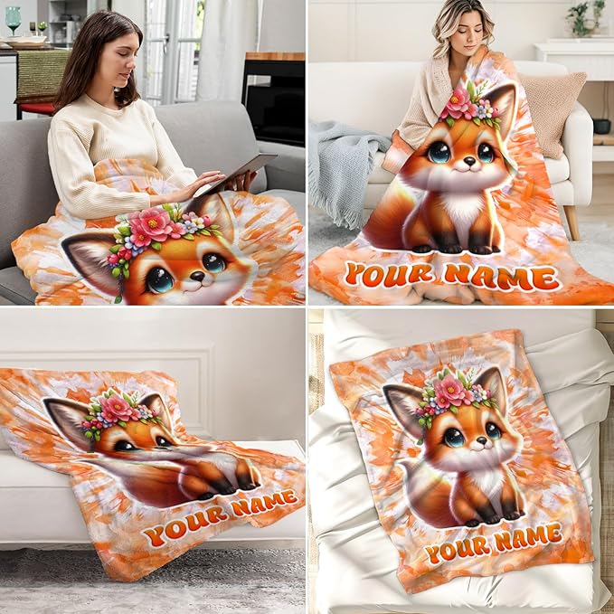 Personalized Fox Blanket for Adults - 60" x 80" Inches Women Throw Blankets for Fox Lovers - Plush Furry Animal Decor for Bed & Living Room