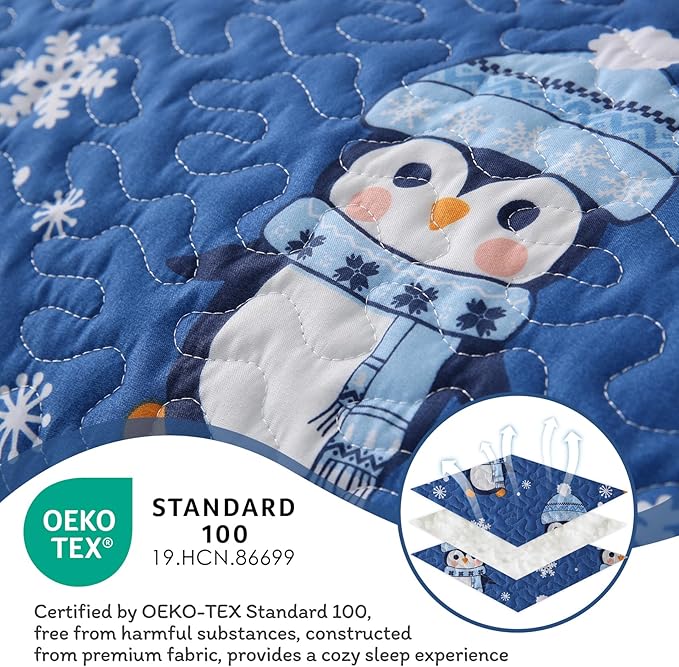 JSD 2 Pcs Kids Christmas Quilt Set Twin Size, Blue Penguin Christmas Theme Bedding, Soft Microfiber Bedspread Coverlet Holiday Quilted Blanket