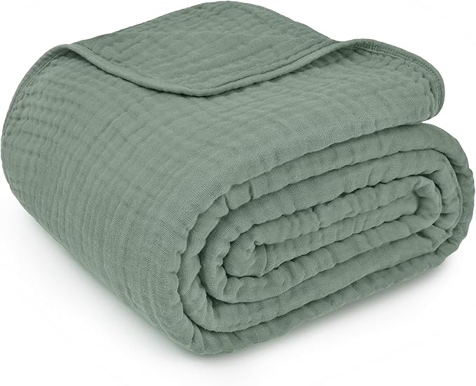 Comfy Cubs Muslin Throw Blanket - 50” x 60” Quilted Design - Lightweight, Breathable 6-Layer Gauze Fabric - Soft Cotton Blanket for Home or Travel - Packaged in Elegant Gift Box - Fern