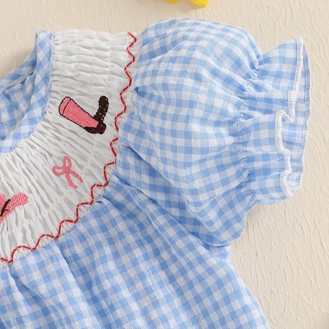 Baby Girl Smocked Western Romper Short Sleeve Bubble Rompers Summer Clothes Plaid Print Embroidery Bow Bodysuit Tops
