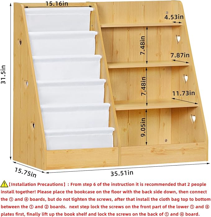 Lerliuo 4 Tier Kids Bookshelf and Storage Organizer, Five Layer Sling Children Bookcase, Baby Toddler Wooden Book Shelf, Display Cabinet for Playroom, Bedroom, Classroom, Nursery, School (Natural)