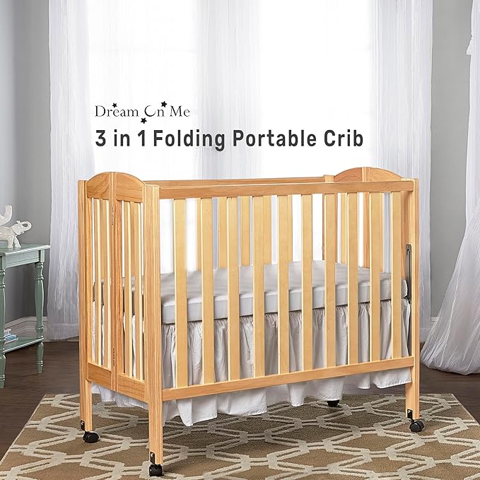 Dream On Me 3-in-1 Portable Folding Stationary Side Mini Baby Crib in Natural & Mattress, GreenGuard Gold & JPMA, Use as Changer & Playpen, Locking Wheels, 3 Mattress Heights, Extra Firm Mattress