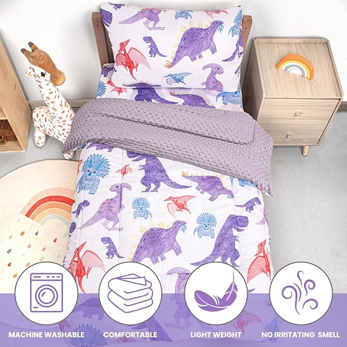 Toddler Bedding Set, Plush Minky Fabric Crib Bedding Set for Girls, Breathable and Soft Baby Crib Bedding Set, Includes Toddler Comforter, Flat Sheet, Fitted Sheet and Pillowcase (Purple Dinosaur)