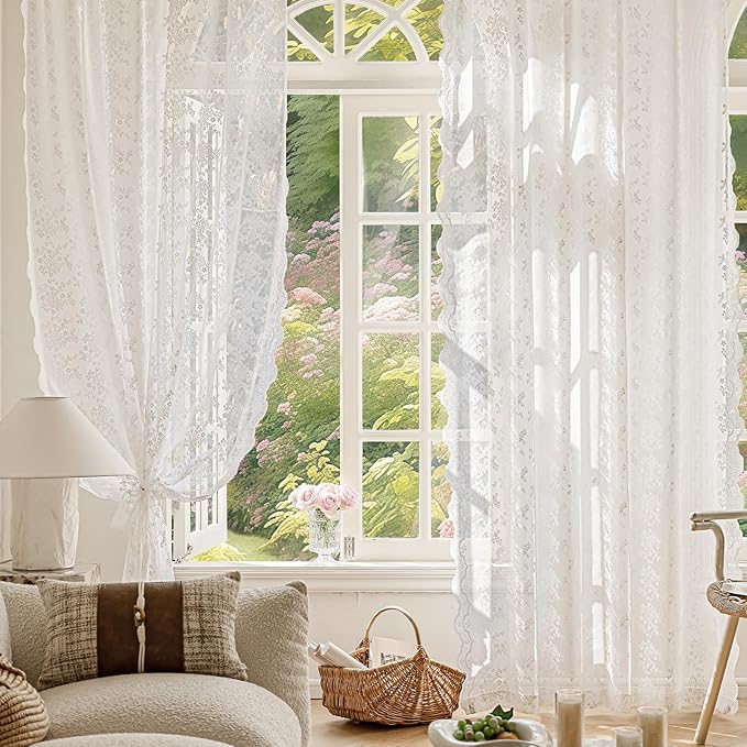 Anmao Vintage White Lace Curtains 63 Inches Long 2 Panels Set, Romantic Elegant Light Filtering Semi Sheer Floral Thick Lacy Curtain Drapes for Living Room and Bedroom, Each Panel 55W x 63L, Off White