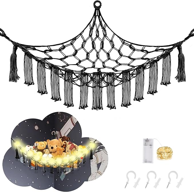 Stuffed Animal Hammock with LED Light, Large Stuffed Animals Storage Corner Plushie Net for Kids Room Decor, Jumbo Black