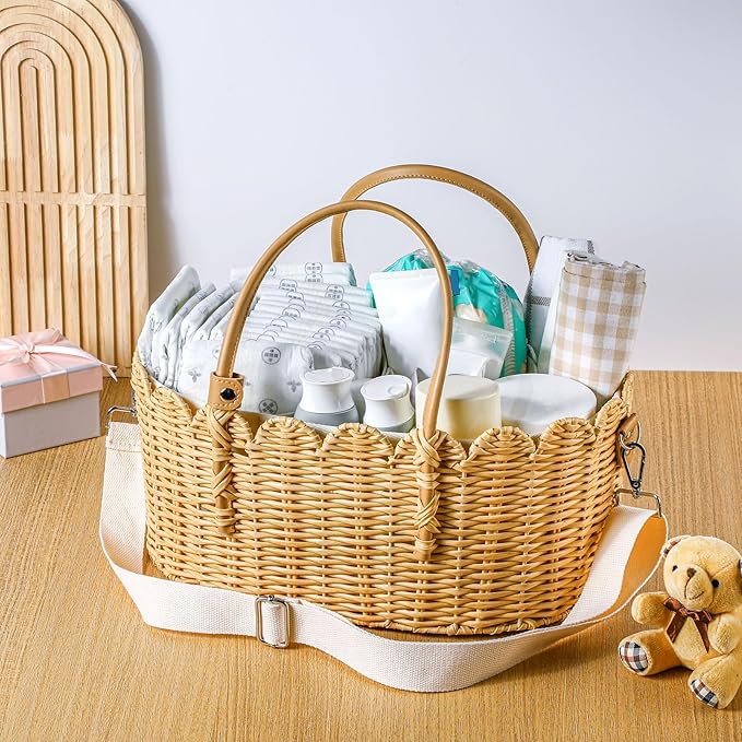 Baby Diaper Caddy Organizer Crafted Scalloped Rattan Basket with Shoulder Strap and Removable Divider Diaper Caddy Basket for Baby Shower Gifts Newborn