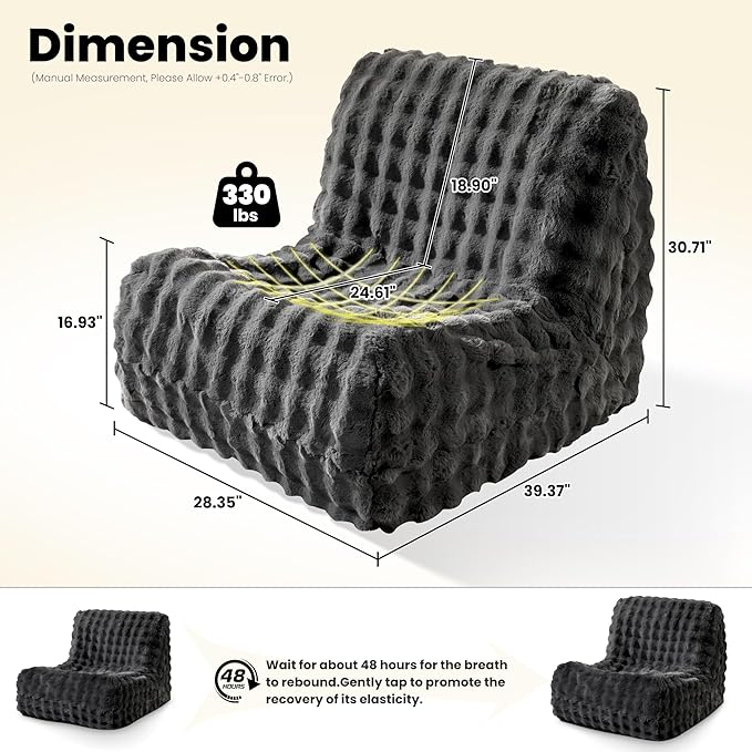 ovios Bean Bag Chair for Adult, Giant Beanbag with Plush Faux Fur, Comfy Large Big Lounger Floor Lazy Chair for Indoor Fireside Living Room Bedroom Dorm, Dark Grey