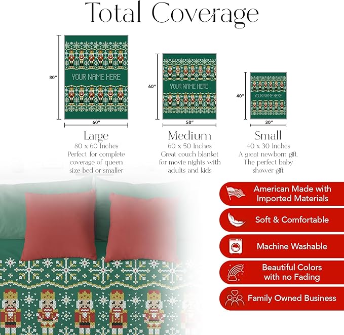 Personalized Stitch Style Nutcracker Christmas Blanket - Ships Next Day, Printed in USA - Plush Fleece Sofa Throw, Holiday Home Decor, Soft Bedding, Customizable Toddler to Adult Size (Sherpa 60x80)