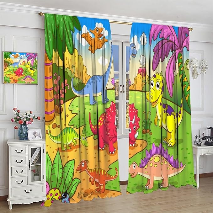 Cute Dinosaur Curtains, Colorful Cartoon Dino Pattern Blackout Window Treatments, Rod Pocket Thermal Insulated Drapes 2 Panel Sets for Kids Bedroom Nursery Classroom, 63" W X 63" L