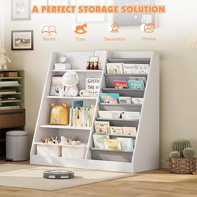 NACHES 4 Tier Kid Bookshelf Wooden 6 Sling Children Bookcase Toddler Montessori Bookcase Book Rack Display Toy Storage Organizer Book Display Shelf Stand Classroom Bedroom Nursery Playroom(White)
