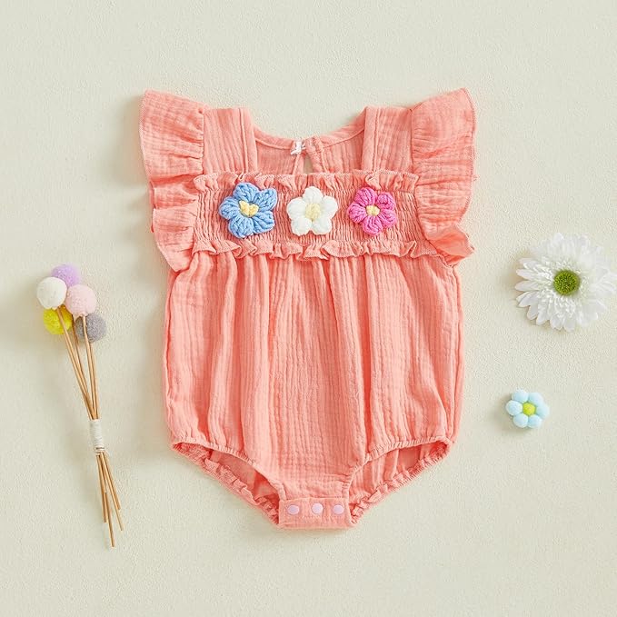 Gaono Newborn Baby Girl Smocked Bubble Romper Cute Boho Summer Clothes Ruffle Sleeveless Crochet Flower Vintage Bodysuit