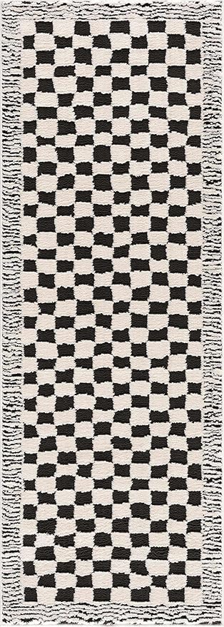 Hauteloom Leryn Contemporary Checkered Runner Rug - Modern Geometric Bordered Carpet for Hallway, Kitchen - Checkboard Design - Square Tiles - High Pile - Black and White - 2'8" x 7'3" (2x8)