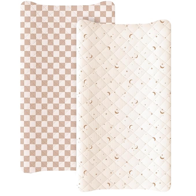 Konssy Waterproof Muslin Changing Pad Cover 2 Pack, Quilted Cotton Fitted Diaper Changing Table Cover, Soft Changing Pad Sheets for Girls Boys (Coffee Check,Moon)