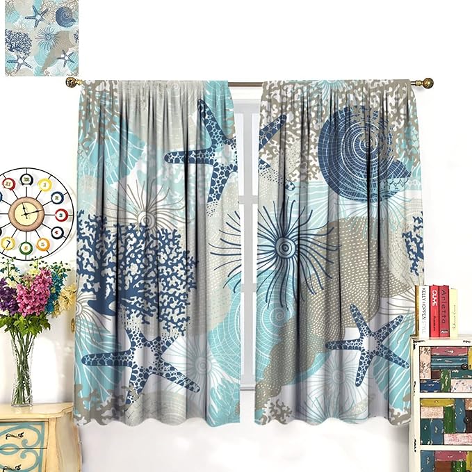 Coastal Curtains Ocean Beach Themed Room Darkening Window Curtain Nautical Coral Blackout Curtain for Bedroom Living Room Bathroom Nursery Set 2 Panels,42x45 Inches