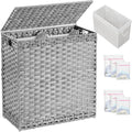 Laundry Hamper with Lid Wicker Laundry Basket 112 L (29.6 Gal) Laundry Hampers Handwoven Rattan Clothes Hamper with Handles 3 Removable Liner Bag, 6 Mesh Bags for Bathroom Bedroom Gray