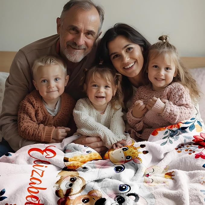 Custom Safari Animals Blanket Gift, Personalized Baby Blanket with Name, Soft Plush Flannel/Sherpa Fleece Throw Blankets for Toddler Kid Teen Boys Girls Color11