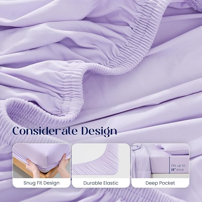 Dream Valley® Queen Sheet Set, Cooling Fitted Sheet with 2 Pillowcase-3 PCS with No Flat Sheet,Q-Max > 0.4 Aerocool, Cooling for Night Sweats, Hot Sleepers,deep Pocket up to 15",Lavender Fog