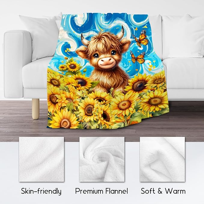 Kids Blanket - Highland Cow Blankets for Toddler - Flannel Soft Sunflower Throws for Room Decor - 30"x40"