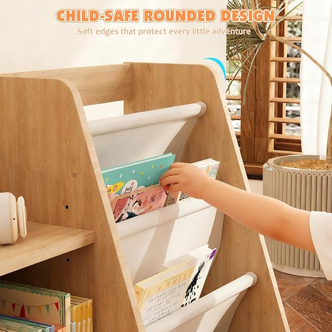 NACHES 3 Tier Kid Bookshelf Wooden 4 Sling Children Bookcase Adjustable Toddler Montessori Rack Display Toy Storage Organizer Book Display Shelf Classroom Bedroom Nursery Playroom, 25inch(Burlywood)