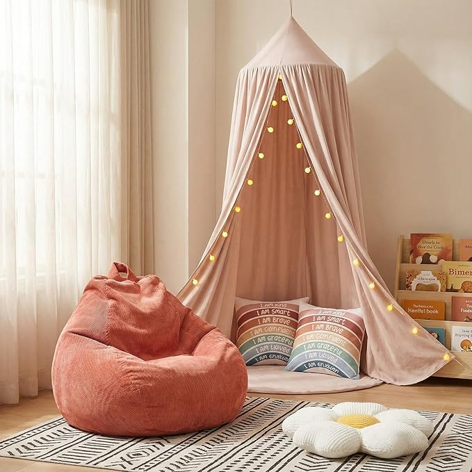 5 Piece Reading Nook Set for Kids, Kids Reading Corner Decor Bundle with Bean Bag Chair Cover & Throw Pillow Covers, Bed Canopy and Flower Pillow for Bedroom Playroom, Nursery, Indoor Decor