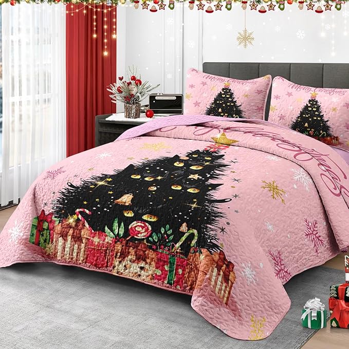 Christmas Full/Queen Size Quilt Set, Black Cat Xmas Trees Lightweight Bedspread Coverlet with Pillow Shams for Kids and Adults, Pink Snowflakes 3 Pcs Bedding Bed Cover