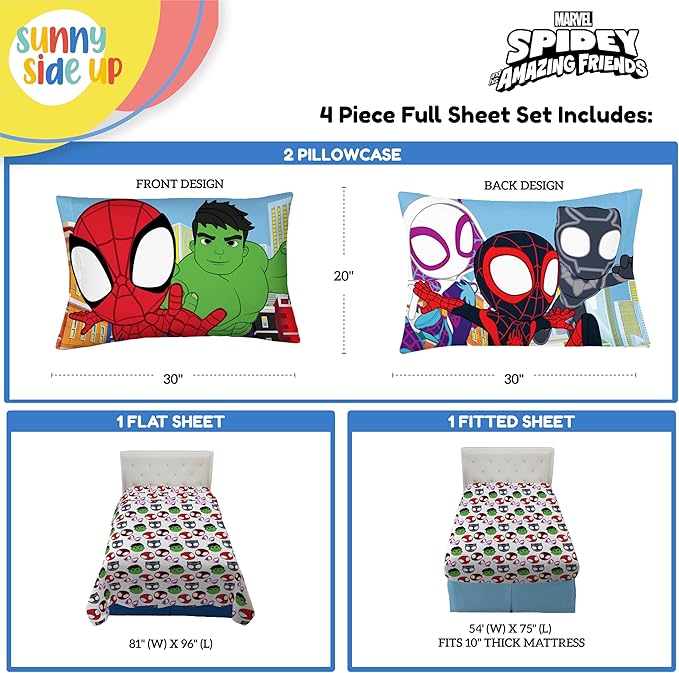 Sunny Side Up Spidey & His Amazing Friends Full Sheet Set - 4 Piece Kids Bedding Set Includes Pillow Cover - Super Soft Superhero Microfiber Sheets Features Miles Morales & Ghost Spider