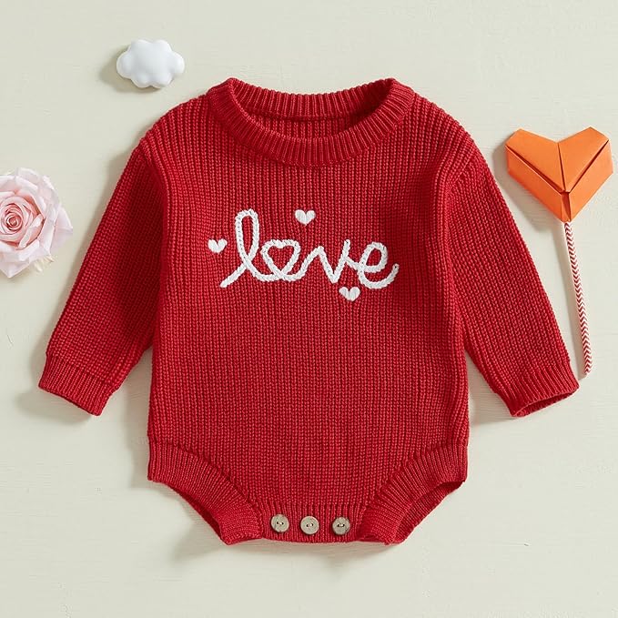 Lesimsam Newborn Baby Boy Girl Valentines Day Outfit Oversized Embroidery Long Sleeve Knit Sweater Bubble Romper Bodysuit
