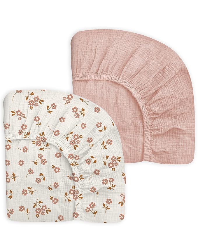 Pack and Play Sheets for Baby Boy and Girl 2 Pack, Neutral Muslin Cotton Pack N Play Mattresses Sheet 27"x39", Muslin Nursery Bedding Soft and Breathable Comfort (Floral & Pink)
