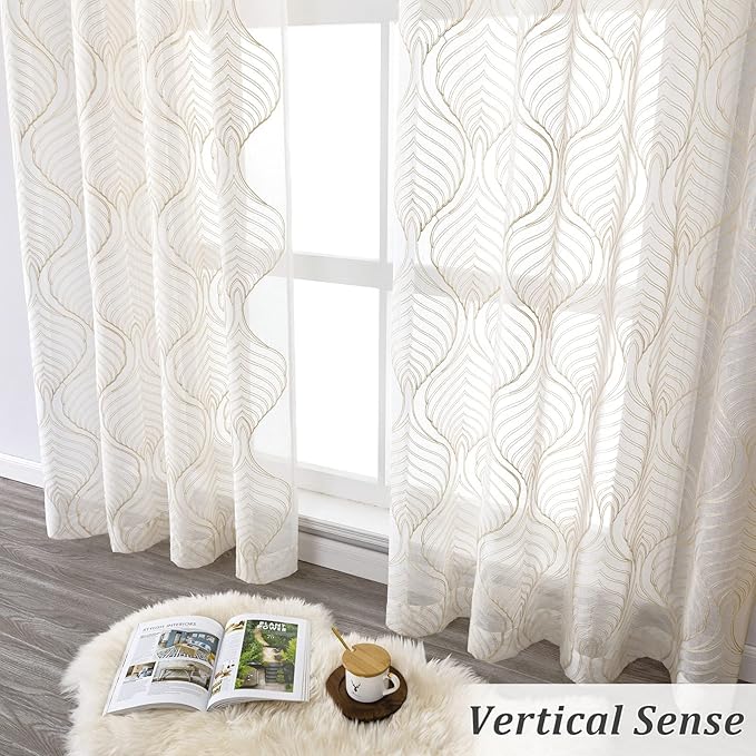 VISIONTEX Sheer Curtains 72 Inches Long 2 Panels Set Beige Moroccan Embroidery Texture Geometric Rod Pocket Ivory White Voile Tulle Semi Window Treatment Pair for Bedroom Living Room 54 x 72 Inches