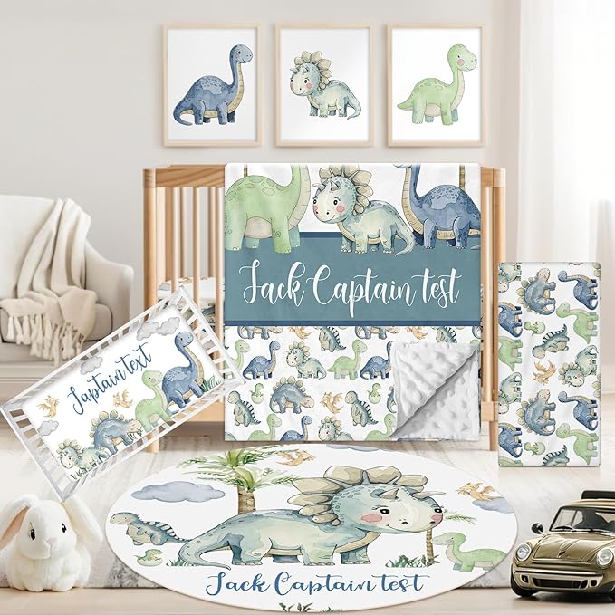 Personalized Baby Crib Bedding Set, 5 Pcs Custom Name Nursery Bedding Set for Girls Boys, Green Dinosaur Baby Crib Set for Toddlers Infants, Double Layer Bedding Crib Sets Customized Gifts