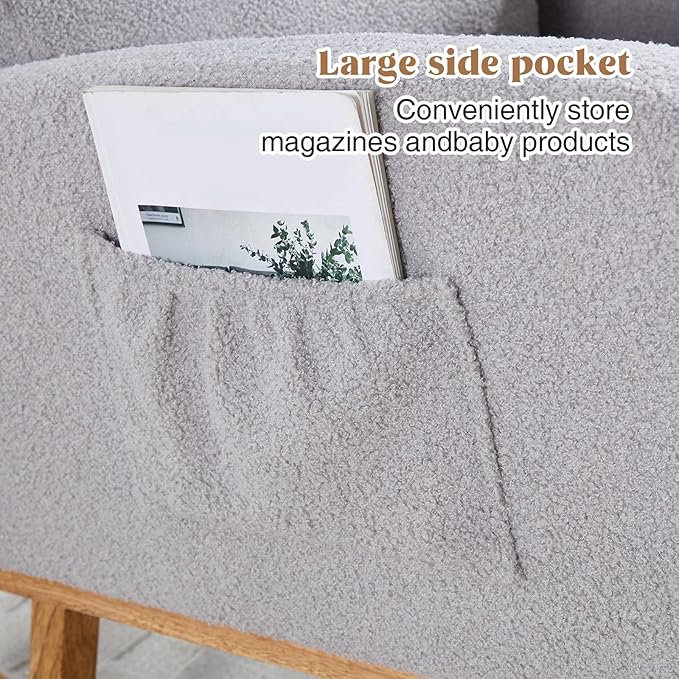 Rocking Chair Nursery with Foot Rest, Teddy Nursing Rocking Chairs for Mom Nursery, Rocker Glider Chair with Footrest for Living Room, Bedroom, Light Gray