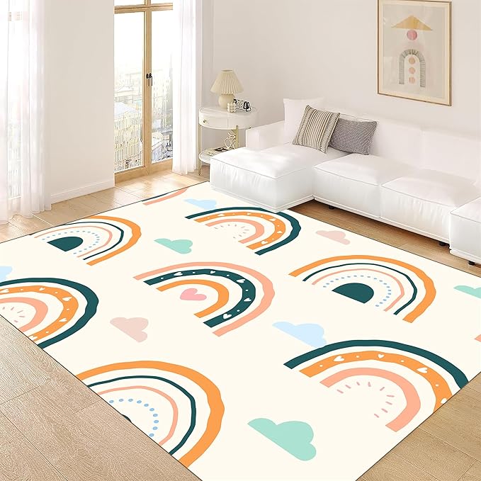 Children's Carpet Girl's Bedroom Rainbow Carpet Living Room Area Rugs Soft Washable Non-Slip Rugs Simple Lovely Rainbow White Cloud Print Children's Room Nursery Decoration Beige 3x4ft