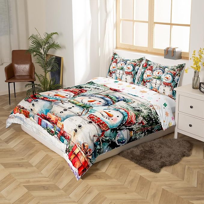 Cartoon Snowman Duvet Cover Set King Size,Xmas Tree Winter Snow Merry Christmas Bedding Set,Boys Girls Room Decor,Wooden Plank Rustic Comforter Cover,White Quilt Cover,2 Pillowcases,No Comforter