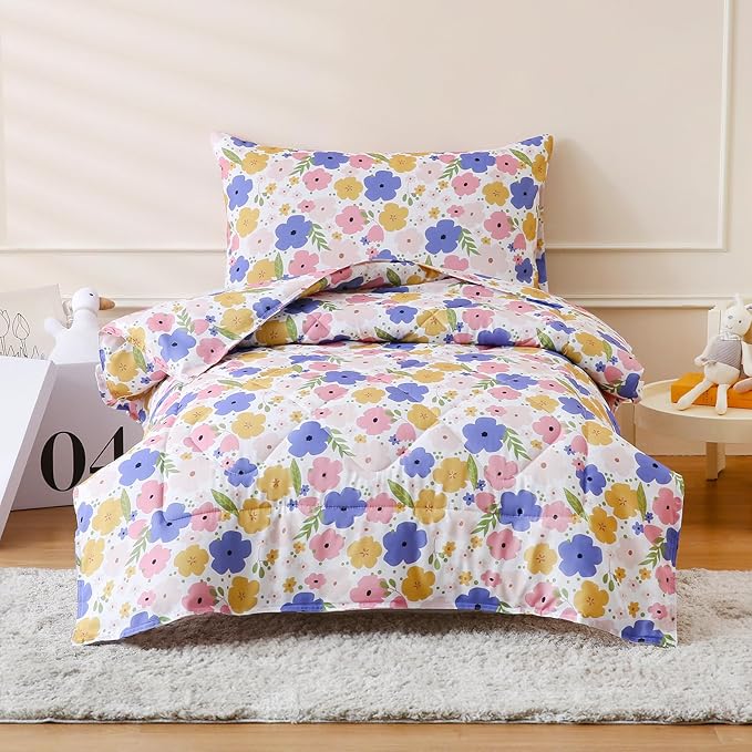 LONAVA Twin Kids Comforter Set - 4 Pieces Twin Bedding Sets for Boys Girls Children, Ultra Soft Microfiber Bed in A Bag with Flat Fitted Sheets, Flower