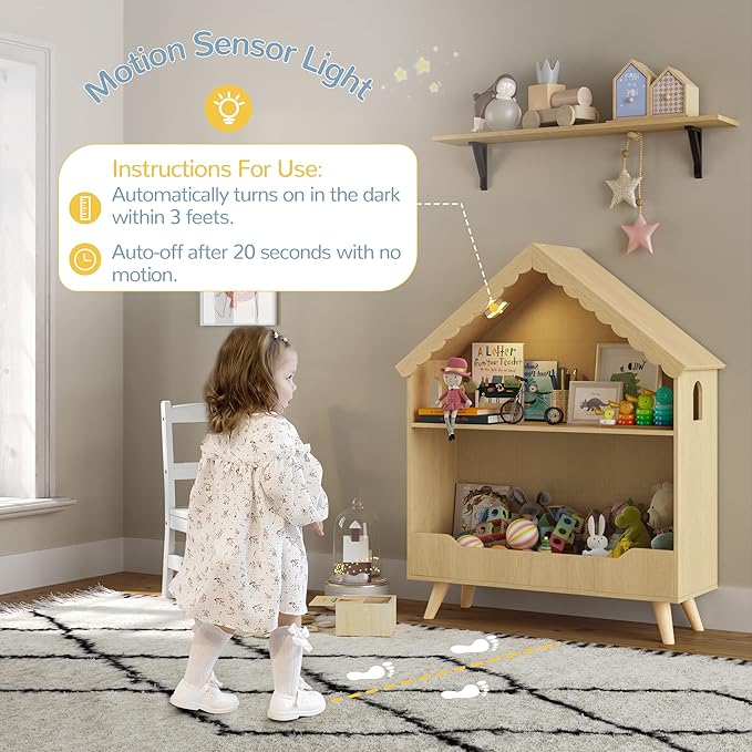 Curipeer Kids Dollhouse Bookshelf, Wooden Bookcase Storage with Motion-Activated Light, 2-Tier Open Display Organizer for Toys and Books, Baby Bookshelf for Birthday, Christmas, Natural Wood Color