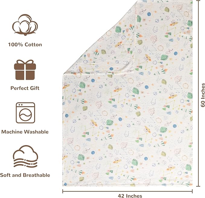 NTBAY 4 Layer Muslin Cotton Toddler Blanket, 42x60 Soft and Breathable Receiving for Newborns and Infants, Perfect for Crib, Stroller, Travel, Lightweight Nursery Blanket, Space Explorer