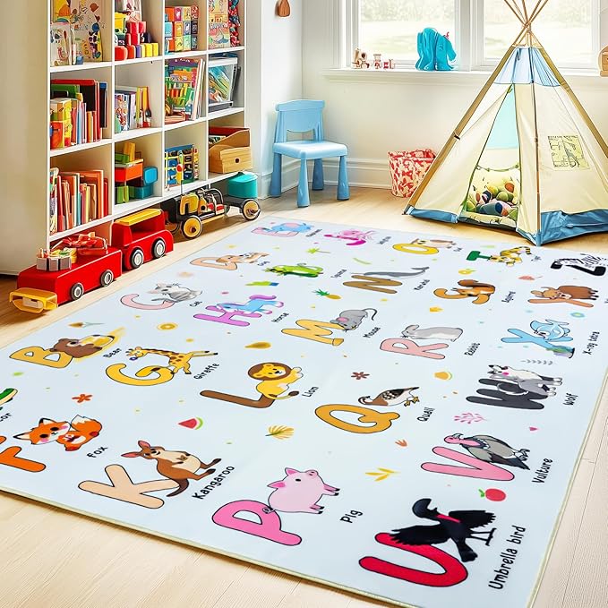 Kids Rugs for Playroom, 7x9 Feet Educational Rug for Learn The ABC Alphabet, Soft Machine Washable Non-Slip Cute Cartoon Animals Carpet for Classroom Toddler Nursery Kids Room Decor, Blue