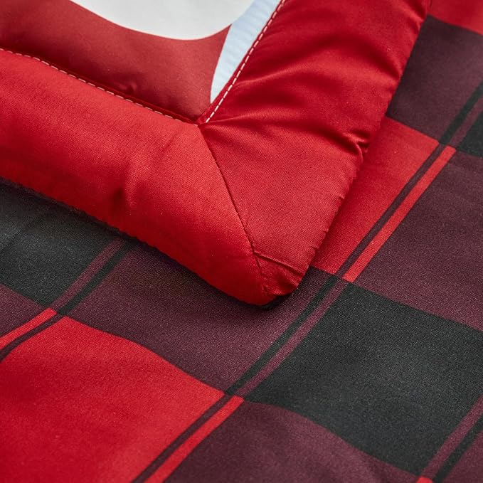 Christmas Red Crib Bedding Set 3 Pieces New Year Style Quilted Plaid Comforter with Fitted Sheet and Bed Skirt - Cute Snowman House Deer Red Gray Design Baby Crib Bed Set