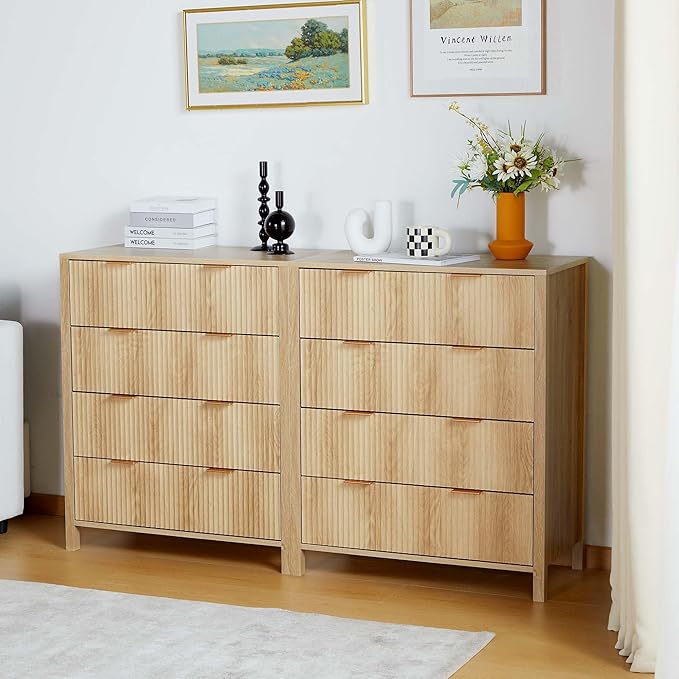 XUZENEST4 Drawer Double Dressers for Bedroom with Waveform Fluted Panel Design, Modern Wide Chest of Drawers,Wood Storage Dresser Chest of Drawers for Bedroom Living Room Hallway Closet,Natural 2 Sets