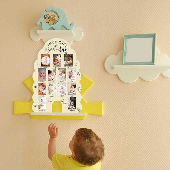 My First Year Photo Board, My First Bee-Day Baby Milestone Signs for Boys Girls Nursery Decor, 12 Month Wooden Picture Board for 2x3 Photos, Best Babies Keepsake Gifts-A30