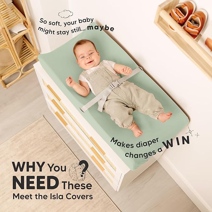 2-Pack Baby Changing Pad Cover for Girl, Boy - 32x16 Soft Viscose Derived from Bamboo Baby Diaper Changing Table Pad Cover Sheets, Neutral, Snug Fit Nursery Diaper Change Sheets (Sage)