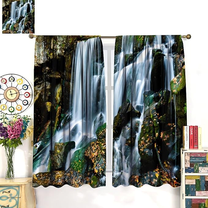 Waterfall Blackout Window Curtains, Forest Nature Landscape Theme Pattern Print Window Drapes, for Living Room Bedroom 42" W X 54" L
