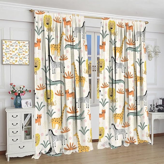 Wild Animals Curtains, Cute Cartoon Animals Zoo with Lion Zebra Crocodile Cat and Giraffe Tropical Jungle Plant Print Window Treatments for Kids Boys Girls Bedroom Living Room 52x84in