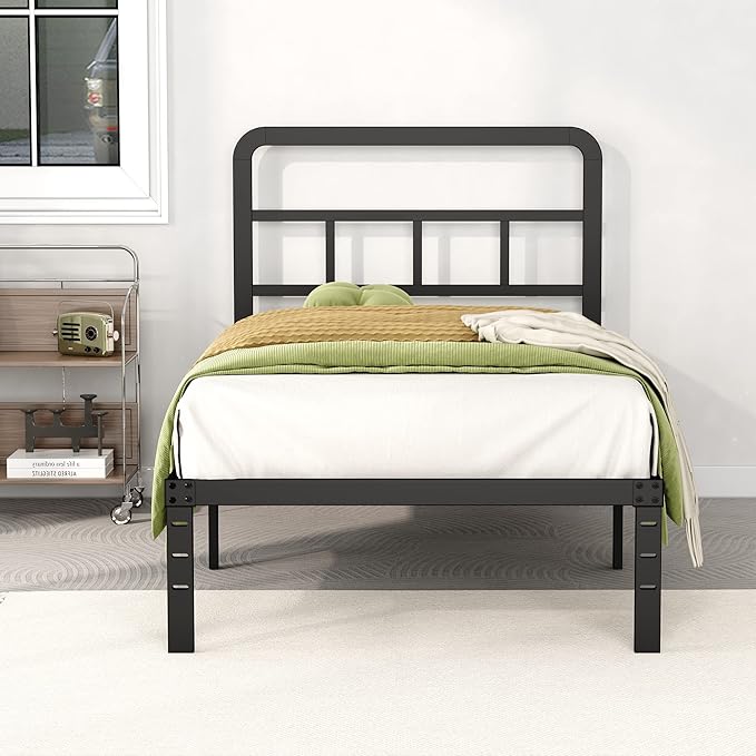 Metal Platform Twin Bed Frames with Headboard, 14 Inch No Box Spring Needed Heavy Duty Steel Slat Mattress Foundation/Easy Assembly/Noise Free/Black