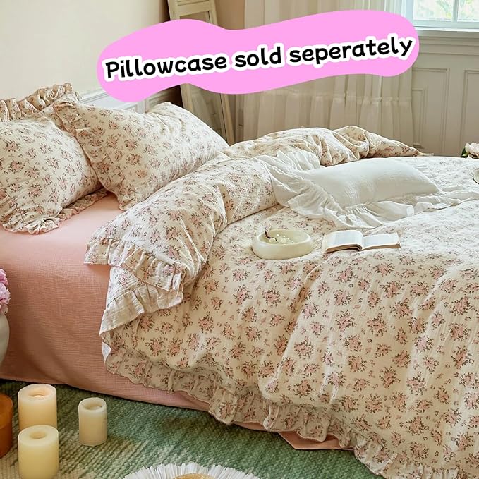BuLuTu Cottage Pink Floral Duvet Cover King, Muslin Comforter Cover with Ruffles, Princess Bedding Quilt Cover with Zipper & Corner Ties,90"x90", No Pillow Case, Soft Breathable Lightweight