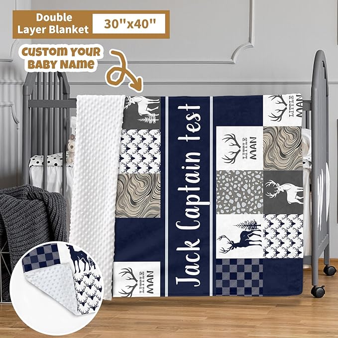 Custom Baby Crib Bedding Set, 3 Pcs Personalized Nursery Bedding Set with Name, Soft Baby Bedding Crib Set with Blanket - Toddler Crib Sets for Girl Boy, Infant Newborn Gift, Blue Woodland Deer
